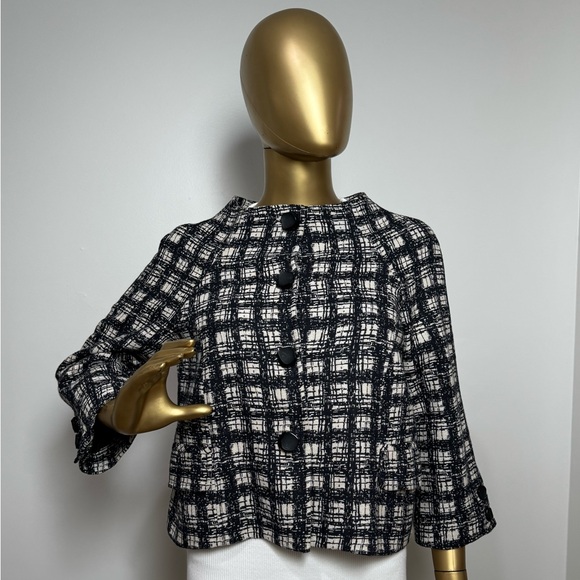Tibi New York 6 Wool Blend Short Jacket Plaid Blazer Coat Black-White Pocket VTG - Picture 1 of 14